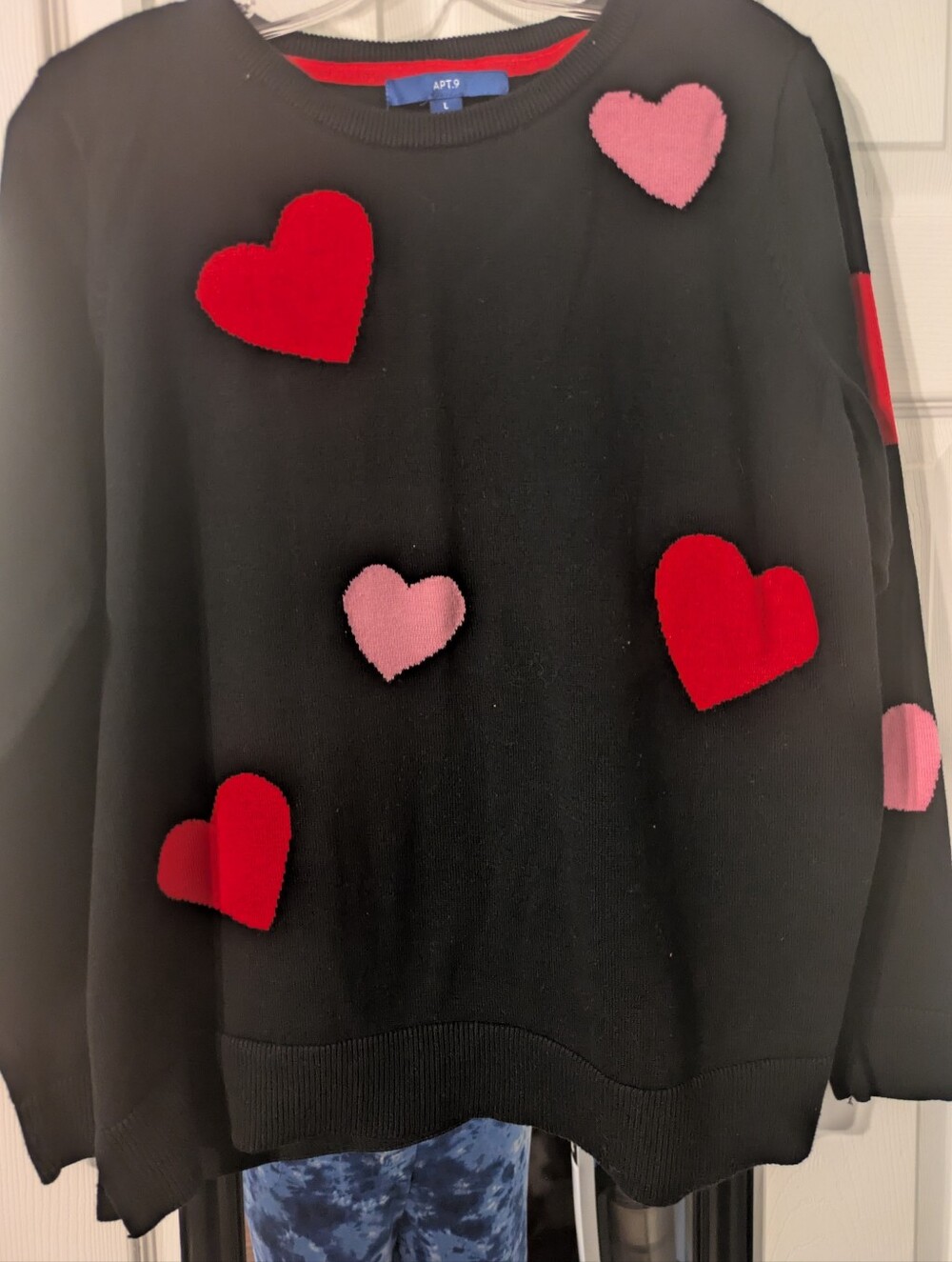 Apt. 9 Black Crewneck Sweater with Red & Pink Hearts